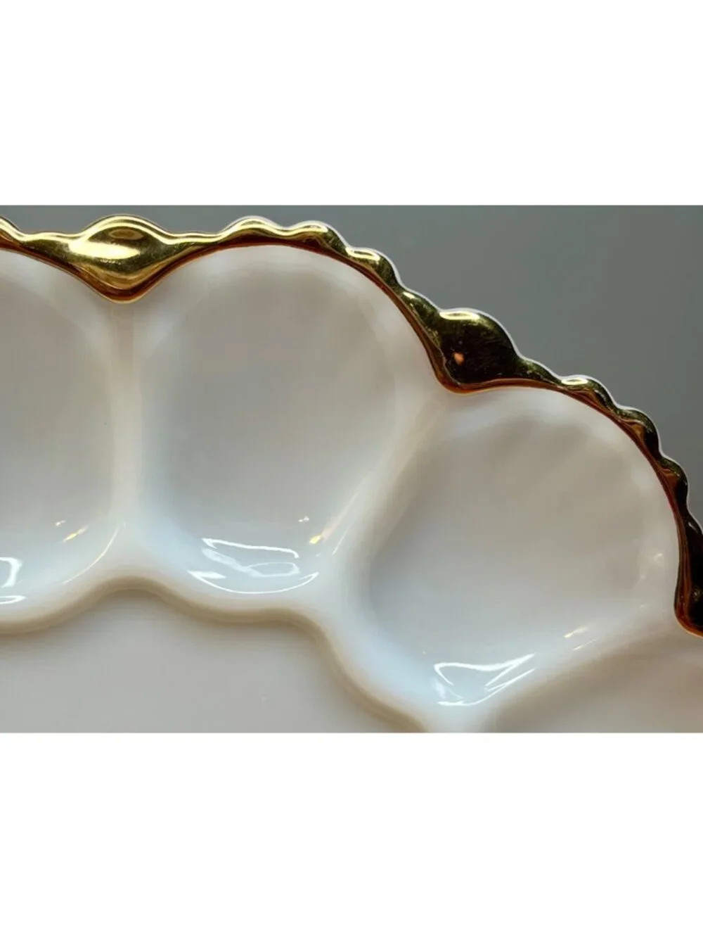 Vintage Anchor Hocking Milk Glass Deviled Egg Plate, Gold Trim